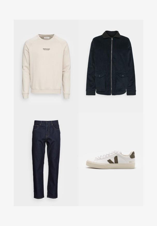 Marineblauwe corduroyjas met een zwarte sherpa kraag, ritssluiting en twee knoopzakken aan de voorkant; heeft een geribbelde textuur overal.; Crème-kleurige sweatshirt met raglanmouwen, ribgebreide manchetten en zoom. Bevat een zwart tekstlogo aan de voorkant. Zacht, geweven stof.; Donkerblauwe spijkerbroeken met een rechte snit, vijf zakken en contrasterende gele stiksels. Ontworpen met een klassieke knoop- en ritssluiting.; Witte leren sneakers met een lichtbeige rubberen zool. Voorzien van een bruine suède V-logo en hieltab. Gespsluiting met een gestructureerd oppervlak.