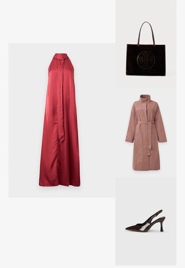 Lang malve trenchcoat med bælte, høj krave, lange ærmer og forlommer, præsenteret mod en ensfarvet baggrund.; Rød satin halterneck kjole med en nøglehulkrave og en lang, flydende silhuet. Har en båndaccent ved halsen og en glat tekstur.; Brune patenterede læderslingback-sandaletter med spids tå, en tynd hæl og justerbar rem med en lille spænde.; Mørkebrun læder tote taske med krokodillemønster og et stort, cirkulært præget logo på fronten, der har to håndtag.