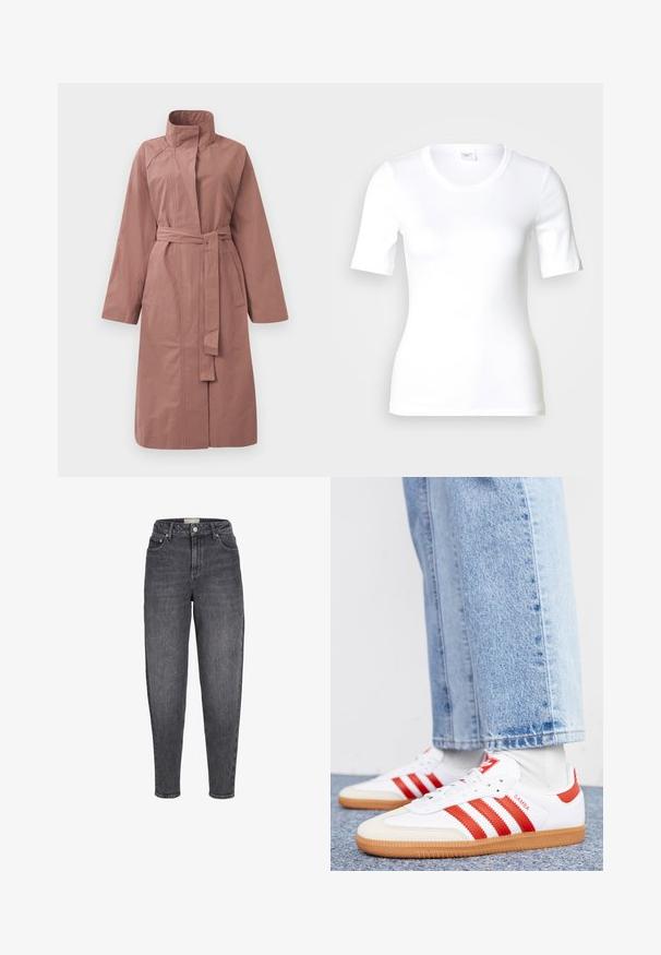 Pikk mauve värvi trench coat vöödiga, kõrge krae, pikad varrukad ja ees olevad taskud, esitletud lihtsa taustaga.; Valge lühikeste varrukatega T-särk, mis on valmistatud siledast puuvillast, ümar kaelusega ja keha järgiva lõikega. Klassikaline disain, ilma mustrite või aktsentideta.; Kõrge vöökohaga mustad pleegitatud kitsenevad teksapüksid esitaskutega, vööaasade ja nööpkinnitusega.; Valged nahast spordijalatsid punaste triipude ja aktsentidega. Omab tekstureeritud kummist tallaosa ja polsterdatud kraed. Kanda helesinise teksaga.