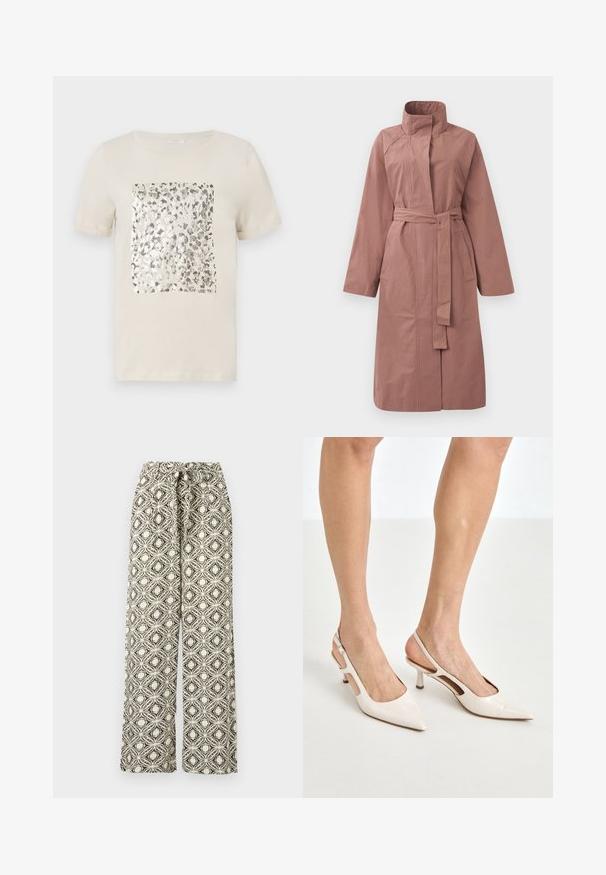 Manteau trench long mauve avec ceinture, col haut, manches longues et poches devant, présenté sur un fond uni.; T-shirt beige à manches courtes avec un imprimé animal en argent carré au centre. Matière en coton doux, col rond classique.; Pantalon à jambes larges, taille haute, ceinture à nouer et motif floral géométrique noir et blanc.; Escarpins à talon slingback en cuir verni beige avec un bout pointu et un talon de 5 cm, présentant des côtés découpés et une fine bride à la cheville.