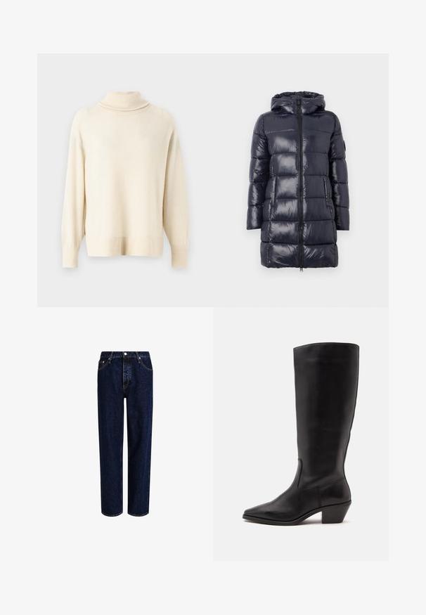 Langer, navyblauer Daunenmantel mit Kapuze, horizontalen Steppnähten, Frontreißverschluss und zwei seitlichen Taschen, auf weißem Hintergrund präsentiert.; Hellbeige Rollkragenpullover aus weichem Stoff. Verfügt über Raglanärmel sowie gerippte Bündchen und Saum. Einfaches, schmuckloses Design.; Dunkelblaue Denim-Jeans mit geradem Bein, hoher Taille, fünf Taschen und kontrastierenden Nähten. Ohne Verzierungen.; Schwarzer Lederstiefel bis zur Wade mit spitzer Spitze und niedrigem schrägem Absatz vor einfachem hellem Hintergrund.