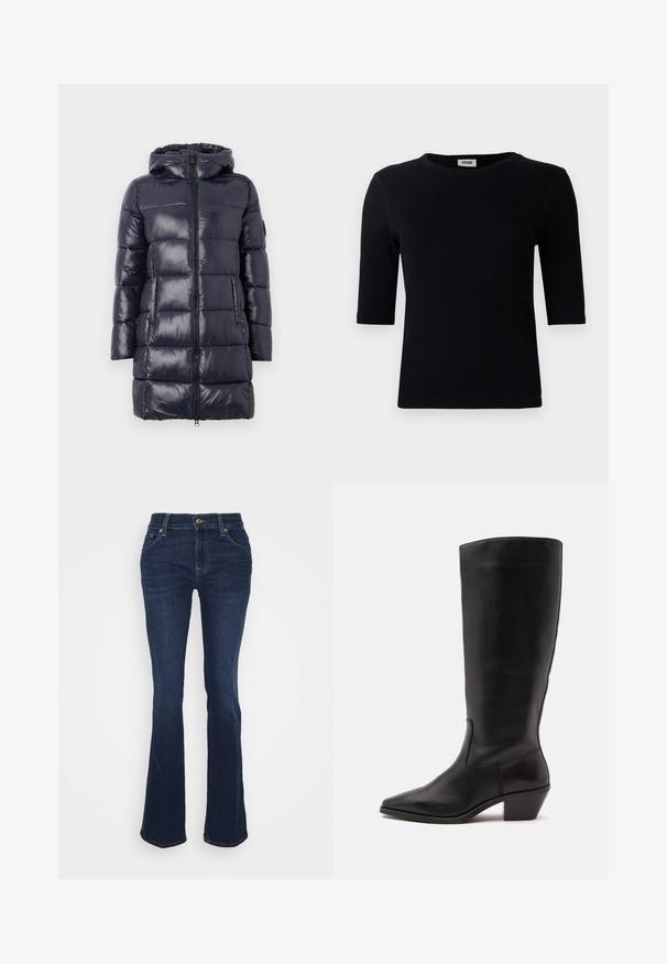 Long manteau d'hiver bleu marine avec capuche, matelassage horizontal, fermeture éclair avant et deux poches latérales, présenté sur fond blanc.; T-shirt noir à côtes avec un col rond et des manches trois-quarts. Le tissu a une texture lisse et une ligne d'ourlet droite. Pas de marque visible.; Jean évasé bleu foncé en denim ; taille haute, cinq poches, accents en métal doré et texture lisse avec un léger dégradé au niveau des cuisses.; Botte en cuir noire mi-mollet avec un bout pointu et un talon bas incliné sur un fond clair uni.