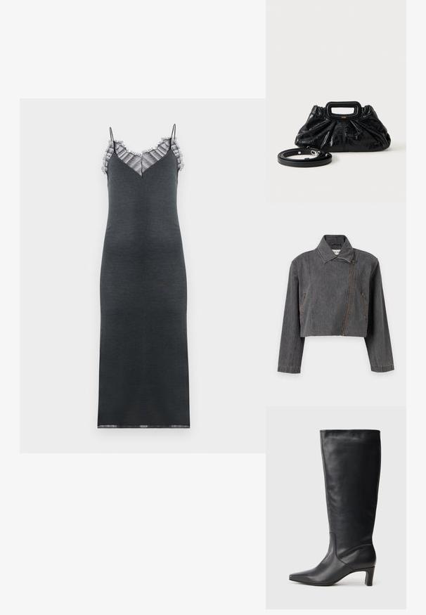 Veste en denim gris coupée avec un col pointu, une fermeture éclair asymétrique et deux poches latérales avec des détails zippés.; Robe sans manches gris foncé avec une silhouette ajustée, présentant une bordure en dentelle froncée le long du décolleté en V et une texture lisse.; Botte noire en cuir montant jusqu'au genou, avec un bout pointu, une texture lisse, un design minimal et un talon de hauteur moyenne. Logo subtil sur le dessus.; Petit sac à main en cuir noir avec texture froncée, poignée rectangulaire et fine bandoulière amovible placée à côté.