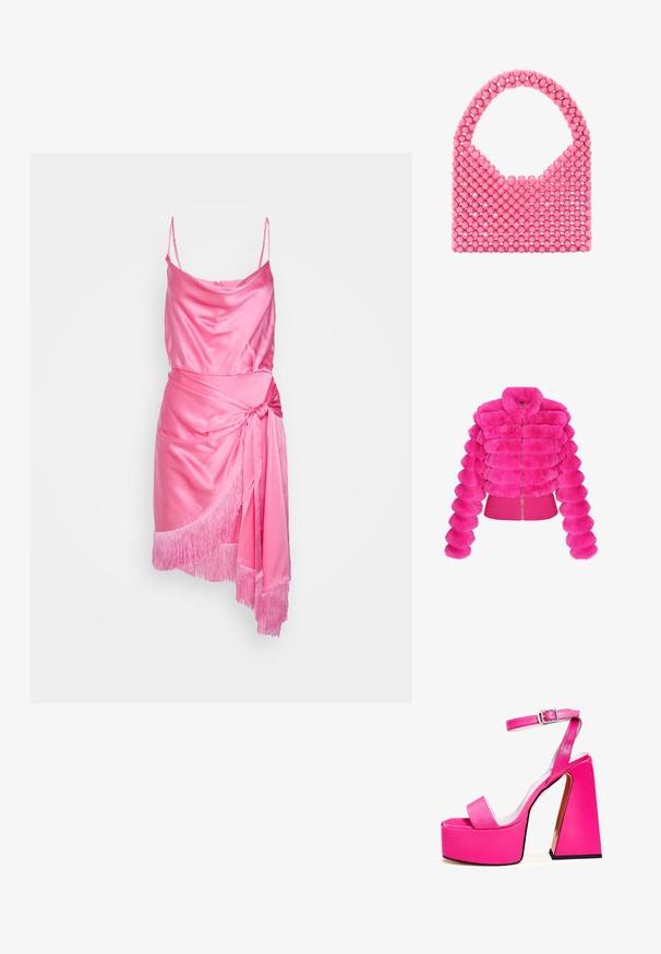 Faux fur jakke i lys pink, med et blødt, segmenteret design, lynlås lukning og en tæt pasform i kanten. Lange, runde ærmer med en tekstureret finish.; Cinq à Sept OCTAVIA DRESS - Cocktailkjole / festkjole - flamingo; Lyserøde platform sandaler med bred firkantet hæl, ankelrem, glat finish og åben tå design. Spændeaccent ved anklen.; Lyserød håndtaske lavet af glinsende perler, med et rundt håndtag og åbent top. Struktureret overflade med en gitterlignende perlearrangement.