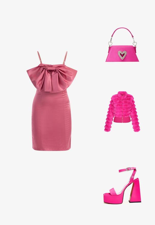 Faux fur jakke i lys pink, med et blødt, segmenteret design, lynlås lukning og en tæt pasform i kanten. Lange, runde ærmer med en tekstureret finish.; Lyserød satin kjole med en flæse-detaljeret, struktureret overdel og justerbare stropper. Slim fit med en glat tekstur og en lige kant.; Lyserøde platform sandaler med bred firkantet hæl, ankelrem, glat finish og åben tå design. Spændeaccent ved anklen.; Lyserød lædertaske med en trekantet form, der har en rhinsten-hjerte detalje på fronten og et slankt håndtag med hjerteformede metalbeslag.
