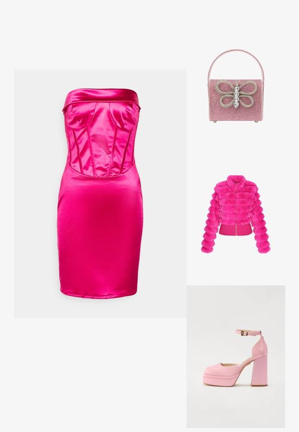 Nepbont jasje in felroze, met een luxueus, gesegmenteerd ontwerp, ritssluiting en een aansluitende zoom. Lange, afgeronde mouwen met een gestructureerde afwerking.; WAL G. MILLA CORSET - Cocktailjurk - fuchsia; Roze hoge plateau schoenen met een ronde neus, enkelbandje en blokhak. Vloermateriaal met een subtiele textuur en gouden gespdetails.; Roze sprankelende handtas met een opvallend vlinderontwerp en strassteentjes, rechthoekige vorm en een platte handvat.
