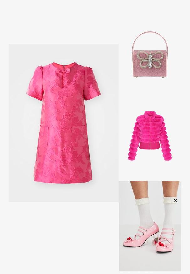 Faux fur jakke i lys pink, med et blødt, segmenteret design, lynlås lukning og en tæt pasform i kanten. Lange, runde ærmer med en tekstureret finish.; Kortærmet lyserød kjole med struktureret blomster mønster, rund halsudskæring, front sløjfe detalje og to forlommer. Lynlås lukning bagpå.; Lyserøde laklæderhæle med rund tå, tre remme og kirsebærpynt. Klart blokhæl med blomsterdekorationer. Hvide ribbede sokker.; Lyserød, glitrende taske med et fremtrædende sommerfugle-design og rhinestone-detaljer, rektangulær form og flad håndtag.