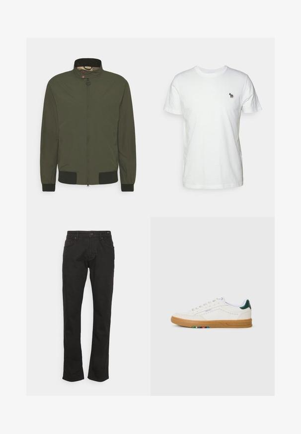 Barbour ROYSTON CASUAL - Veste légère - olive; T-shirt en coton blanc avec un col rond classique et des manches courtes. Présente un petit logo de cheval brodé multicolore sur la poitrine.; JOOP! Jeans MITCH - Jean droit - black; Baskets en cuir blanc avec design perforé, semelle en caoutchouc translucide, accent de talon vert et détail à rayures colorées sur le côté.