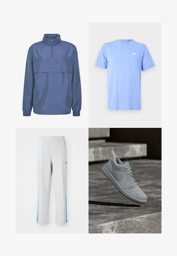 Marineblauwe lichtgewicht windbreaker met een hoge kraag, een half-rits voorkant, elastische manchetten en een horizontale borstzak. Glad textuur.; Lichtblauw katoenen T-shirt met korte mouwen, ronde hals en een klein wit Nike-logo op de linkerborst. Gladde textuur, casual ontwerp.; Lichtgrijze sportbroek met blauwe zijstrepen, met een relaxte pasvorm, elastische tailleband en ritszakken. Nike-logo aan de voorkant.; Lichtgrijze Nike sneaker zweeft boven ruwe betonnen trappen met schaduwen die de contouren en textuur versterken.
