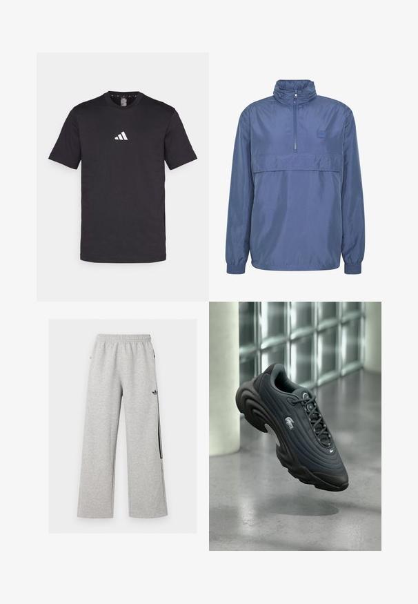 Marineblauwe lichtgewicht windbreaker met een hoge kraag, een half-rits voorkant, elastische manchetten en een horizontale borstzak. Glad textuur.; Zwarte katoenen T-shirt met korte mouwen, voorzien van een wit Adidas-logo op de borst. Klassiek ontwerp met ronde hals.; Lichtgrijze wijde joggingbroek met elastische tailleband en zwart Adidas trefoil-logo op de rechterdij.; Donkergrijze sportschoen met een gestructureerde bovenzijde, een afgerond ontwerp en een opvallend wit logo. Voorzien van een lichte zool en een vetersysteem.