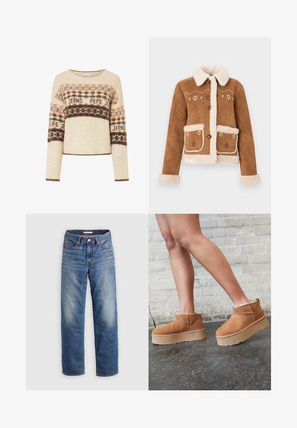 Veste en suède marron avec col et poignets en fausse fourrure beige. Présente une broderie florale sur le devant et deux poches avant. Fermeture par boutons.; Pull crème à manches longues, arborant un motif tricoté géométrique en marron, orange et teal. Encolure ronde et coupe cropped.; Jean en denim bleu clair à coupe droite, avec braguette à boutons, poches avant et décoloration subtile près de la cuisse.; Bottines en suède marron avec une doublure en peluche, semelle épaisse en beige et une poignée à l'arrière. Surface texturée avec des détails de couture visibles.