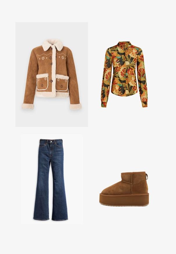 Bruine suède jas met een beige nep-bontkraag en manchetten. Voorzien van bloemrijke borduursels aan de voorkant en twee steekzakken. Knopen als sluiting.; Langemouwige shirt met een levendig bloemmotief in oranje, rood en teal tegen een zwarte en tan achtergrond, met een knoopsluiting.; Hogegarende donkerblauwe denim jeans met flared pijpen, sluiting met een knoop en rits aan de voorkant, en ontwerp met vijf zakken.; Bruine suède enkelboot met een ronde neus en een plateauzool. Heeft een kleine hak en een lus voor gemakkelijk aan- en uittrekken. Textuur oppervlak met stikseldetails.