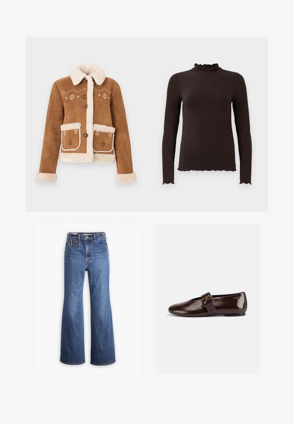 Chaqueta de ante marrón con cuello y puños de piel sintética beige. Presenta bordados florales en la parte delantera y dos bolsillos frontales. Cierre con botones.; Camiseta de manga larga acanalada de color marrón oscuro con cuello alto con volantes y bordes con volantes en los puños y el dobladillo.; Pantalones vaqueros de denim azul de cintura alta con un diseño de pierna ancha, que cuentan con un bolsillo delantero, cierre de botón de bronce y costuras en contraste.; Zapato plano de charol marrón oscuro con una gran hebilla dorada y puntera redondeada, mostrado de perfil sobre un fondo blanco.