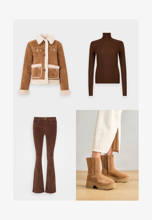 Chaqueta de ante marrón con cuello y puños de piel sintética beige. Presenta bordados florales en la parte delantera y dos bolsillos frontales. Cierre con botones.; Jersey de cuello alto marrón con costillas y mangas largas, que presenta un cuello alto y un diseño ajustado, hecho de un material suave y elástico.; Jeans de pana marrones acampanados con una textura suave, cinco bolsillos y un único botón de metal en la cinturilla.; Botas de tobillo de ante marrón con una suela de plataforma gruesa, cremallera lateral y detalles de costura vertical, combinadas con una falda de color crema.