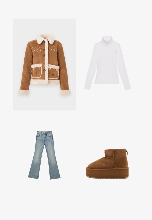 Brun ruskindsjakke med beige imiteret pelskrave og manchetter. Har blomsterbroderi på forsiden og to forlommer. Lukning med knapper.; Hvid langærmet turtle-neck top lavet af glat, strækbart stof. Har en høj krave og tætsiddende design, uden synlige mønstre eller udsmykninger.; Lyseblå denim flared jeans med en falmet vask, høj talje og frynset kant. Har et klassisk fem-lomme design og metalhardware detaljer.; Brune ruskindsankelstøvle med en rund tå og en platformsål. Har en lille hæl og en løkke for nem påtagning. Tekstureret overflade med syningsdetaljer.