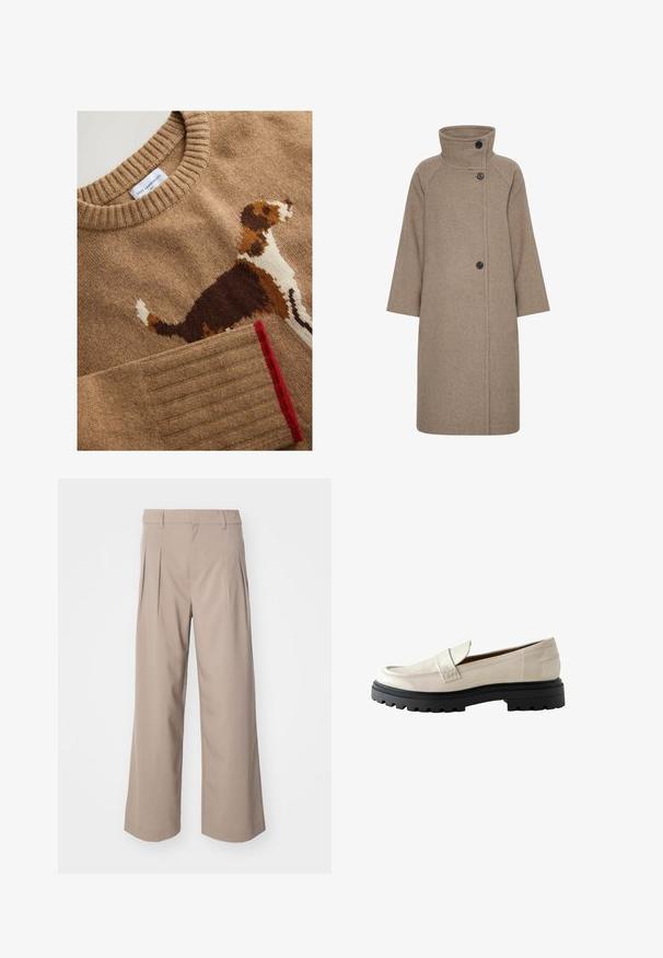 Manteau en mélange de laine beige avec un col haut, des manches raglan et trois boutons noirs à l'avant. Silhouette droite avec des détails minimaux.; Pull en laine d'agneau marron clair avec un motif de chien en marron foncé, blanc et orange. Col et poignets côtelés avec un détail accentué en rouge.; Pantalons larges beige avec des plis, en tissu lisse. Caractérisés par une taille mi-hauteur et une silhouette épurée et ajustée.; Mocassins en cuir verni beige avec un bout arrondi, une semelle en caoutchouc noire épaisse et un accent cousu sur le devant.