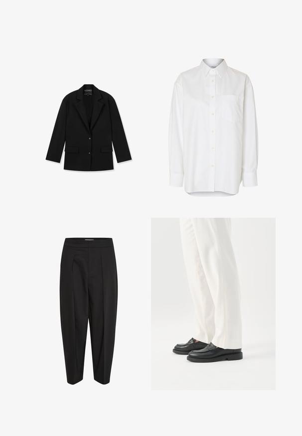 Blazer negro a medida con cuello de solapa, dos bolsillos delanteros con solapa y dos botones a presión, colocado plano sobre un fondo blanco.; Camisa blanca de manga larga con botones, cuello puntiagudo y bolsillo en el pecho, mostrada sobre un fondo liso.; Pantalones negros con una tela suave, con cintura alta, pliegue central y perneras ajustadas. Sin bolsillos visibles ni adornos.; Persona con pantalones blancos a medida y mocasines de cuero negros de pie sobre un fondo blanco.