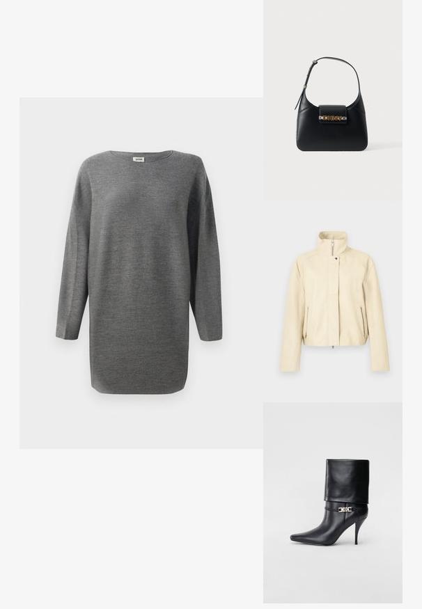 Beige leren jas met een hoge kraag, ritssluiting aan de voorkant en twee zijzakken met rits. Gladde textuur en minimalistisch ontwerp.; Losse, grijze gebreide trui met lange mouwen en een ronde halslijn, met een rechte zoom, gepresenteerd tegen een witte achtergrond.; Zwarte leren enkelboot met een spitse neus, hoge stilettohak, opgevouwen manchet en een gouden decoratieve gespdetails op de enkel.; Zwarte leren schoudertas met verstelbare band en gouden DKNY-logo op de voorflap tegen een witte achtergrond.