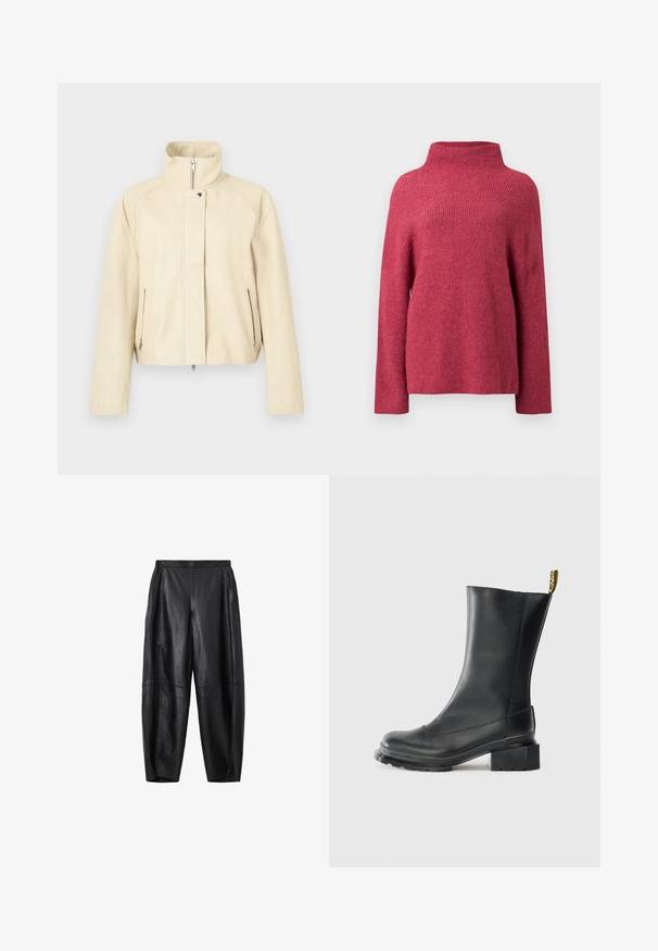 Beige læderjakke med høj krave, lynlås foran og to sidelommer med lynlås. Glat tekstur og minimalistisk design.; Strikket sweater i en dyb rosa farve, med høj krave, lange ærmer og en afslappet pasform med ribbet tekstur hele vejen igennem.; Sorte brede bukser i imiteret læder med elastisk talje og sidelommer, vist på hvid baggrund.; Sort læder ankelstøvle med blokhæl, glat tekstur, rund tå og en hælflap med gul branding.