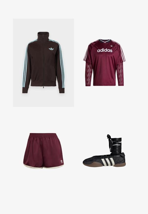 Sort trackjakke med lynlås, med lyst blåt Adidas-logo på brystet og tre lyseblå striber ned ad hver ærme.; Mørkerød Adidas langærmet trøje med netærmer, hvidt logo og striber på skuldrene, sort og hvid krave, forfra.; adidas Originals SPRINTER - Shorts - maroon cream white; Sort ballettflat med blomsterprint, hvidt design med tre striber og en stofankelrem. Materialet har tekstur og en fleksibel brun sål.