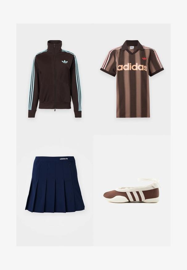 Must tnkkas lukuga jope, millel on helesinine Adidas logo rinnal ja kolm helesinist triipu mööda iga varrukat.; Pruunide triipudega Adidas polotee, V-kaelusega, bordeau krae ja punase logoga. Omad valge ja punase triibuga õlad ning lühikesed varrukad.; Tumesinine plisseeritud seelik, mis on valmistatud kergest kangast; sisaldab elastset vööd ja väikest lukuga taskut, ees on valge Adidas logo.; Pruun ja valge baleriinjalanõu, millel on kolm valget triipu ja pahkluu paelaga lips, helel taustal.