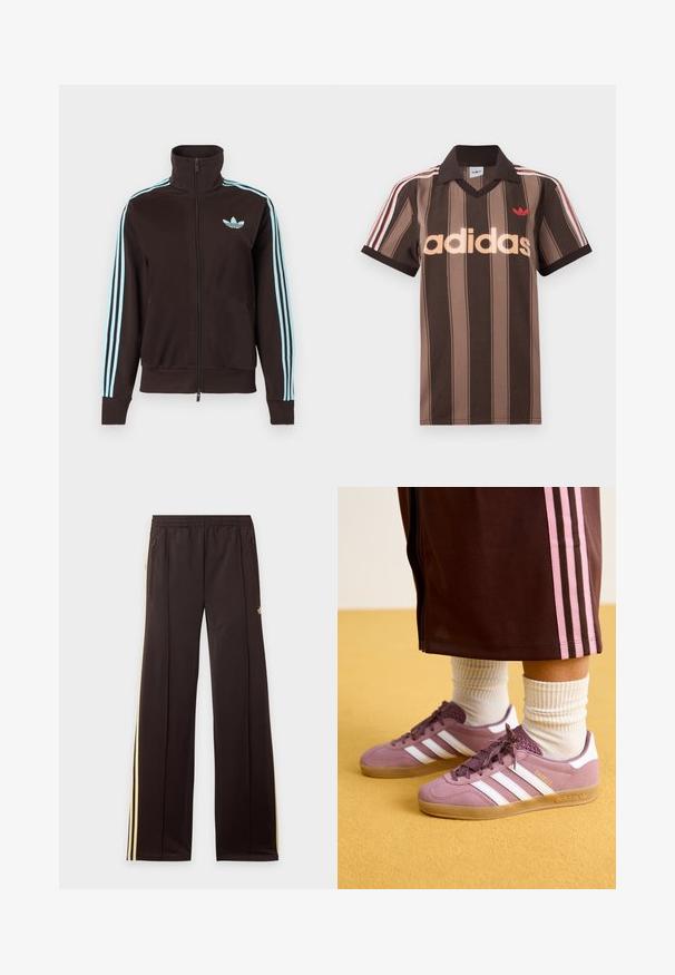 Sort trackjakke med lynlås, med lyst blåt Adidas-logo på brystet og tre lyseblå striber ned ad hver ærme.; Brunstribet Adidas polo-shirt med V-hals, bordeaux krave og rødt logo. Har hvide og røde skulderstriber samt korte ærmer.; Sorte træningsbukser med gule sidelister, elastisk taljebånd, lynlåslommer i siderne og en lille logo på den øvre lår.; Lilla ruskindsneakers med hvide striber, gummisål og teksturerede detaljer, parret med ribbede hvide sokker og en brun træningsbuks med lyserøde striber.
