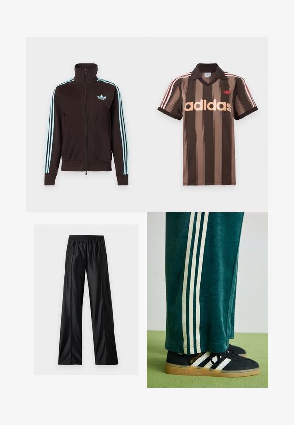 Čierna športová bunda na zips s svetlomodrým logom Adidas na hrudi a tromi svetlomodrými pruhmi pozdĺž každého rukáva.; Hnedé prúžkované polo tričko Adidas s výstrihom do V, bordovým golierom a červeným logom. Má bielo-červené pruhy na ramenách a krátke rukávy.; Čierne široké nohavice z umělej kože s pružným pásom a zipsovými bočnými vreckami, zobrazené na bielom pozadí.; Zelené textúrované nohavice s bielymi bočnými pruhmi, skombinované s čiernymi teniskami Adidas s tromi bielymi pruhmi a gumovou podrážkou.