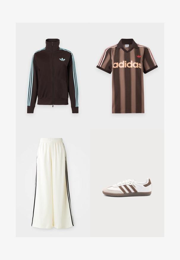 Sort trackjakke med lynlås, med lyst blåt Adidas-logo på brystet og tre lyseblå striber ned ad hver ærme.; Brunstribet Adidas polo-shirt med V-hals, bordeaux krave og rødt logo. Har hvide og røde skulderstriber samt korte ærmer.; Hvide løse bukser med elastisk talje og sorte lodrette striber langs yderseams.; Hvid Adidas Samba sneaker med brune ruskindstriber, brun gummisål og beige ruskindståhætte, vist fra ydersiden på en ensfarvet baggrund.