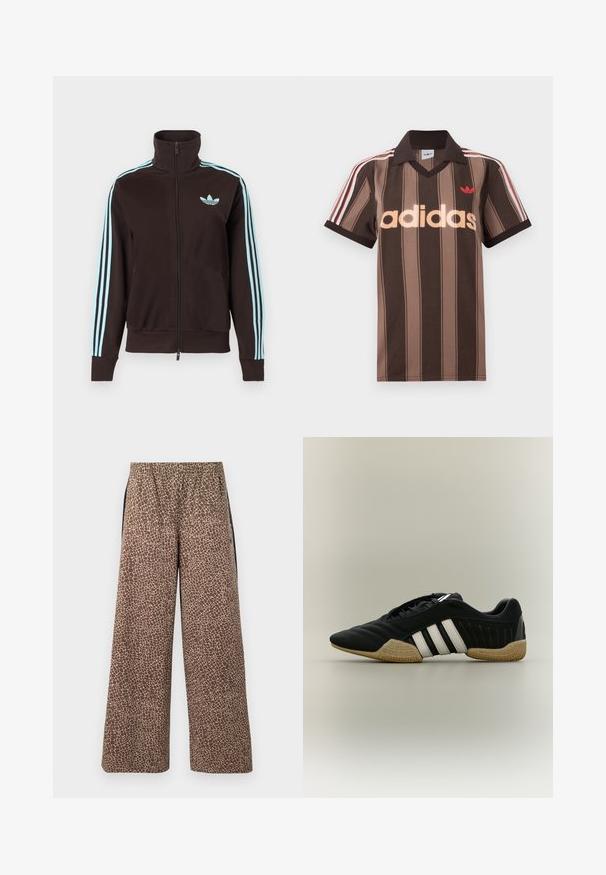 Sort trackjakke med lynlås, med lyst blåt Adidas-logo på brystet og tre lyseblå striber ned ad hver ærme.; Brunstribet Adidas polo-shirt med V-hals, bordeaux krave og rødt logo. Har hvide og røde skulderstriber samt korte ærmer.; Brune bukser med vide ben og et beige dyreprintmønster, elastisk linning og kontrasterende sorte sidestriber. Blød stoftekstur.; Sort atletiksko med hvide striber og beige tekstureret sål på en neutral baggrund, vist i sideprofil.