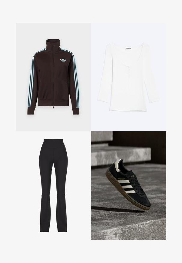 Sort trackjakke med lynlås, med lyst blåt Adidas-logo på brystet og tre lyseblå striber ned ad hver ærme.; Hvid langærmet skjorte med rund udskæring og kort knaplukning på brystet, præsenteret mod en ensfarvet lys baggrund.; Sorte flared leggings lavet af strækbart stof, med en høj talje og glat tekstur, designet til komfort og bevægelighed.; Sort Adidas-sneaker med hvide striber og gummisåler, svævende over grå betontrapper i naturligt lys.