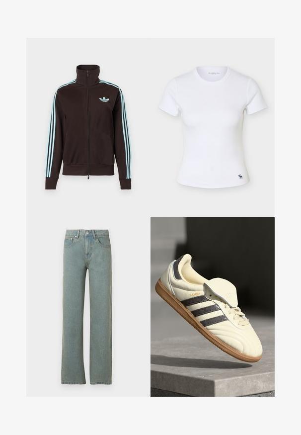 Čierna športová bunda na zips s svetlomodrým logom Adidas na hrudi a tromi svetlomodrými pruhmi pozdĺž každého rukáva.; Biele priliehavé žebernaté tričko s krátkym rukávom, okrúhlym výstrihom a malým tmavým logom losa blízko spodného okraja na ľavej strane.; Svetlomodré rovné džínsy vyrobené z denimu, s piatimi vreckami, zapínaním na gombík a zips a jemným vyblednutím látky.; Krémové kožené tenisky s tromi tmavými pruhmi, hnedou gumenou podrážkou a zaoblenou špičkou. Obsahujú prehýbací jazyk s označením "SAMBA."