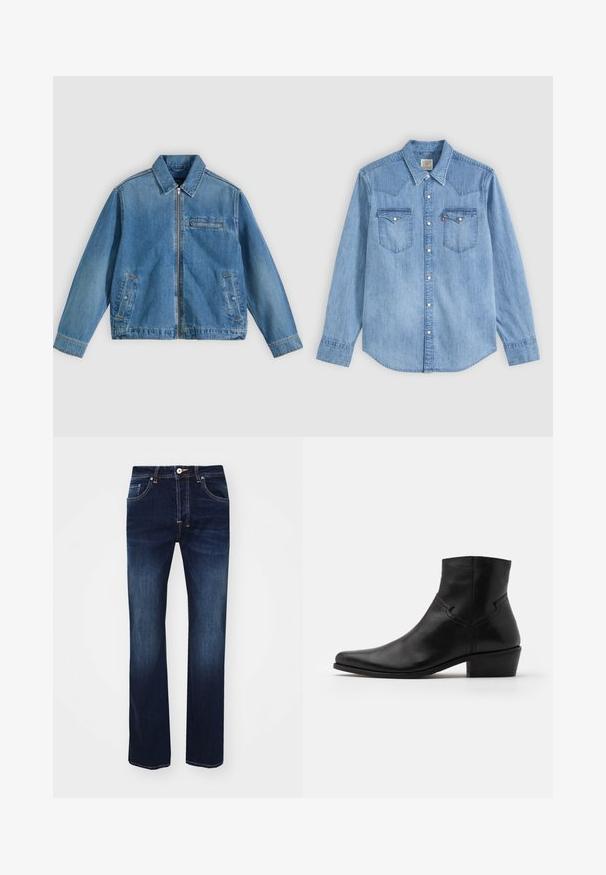 Blaue Jeansjacke mit Frontreißverschluss, spitzem Kragen, zwei Seitentaschen und einer kleinen Reißverschlusstasche auf der Brust, flach auf einem hellen Hintergrund liegend.; Hellblaues Jeanshemd mit langen Ärmeln, spitzem Kragen, zwei Brusttaschen mit Klappen und weißen Druckknöpfen vorne.; Dunkelblaue Denim-Jeans mit geradem Bein-Design, ausgestattet mit einem Reißverschluss, fünf Taschen und kontrastierenden gelben Nähdetails.; Schwarze Leder-Ankle-Boots mit spitzer Zehenpartie, minimalen Nähdetails, einem mittelhohen Blockabsatz und einer glatten, polierten Oberfläche.