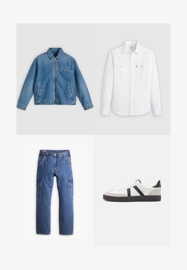 Chaqueta vaquera azul con cremallera frontal, cuello puntiagudo, dos bolsillos laterales y un pequeño bolsillo con cremallera en el pecho, colocada plana sobre un fondo claro.; Camisa blanca de manga larga con botones, cuello puntiagudo, dos bolsillos en el pecho con solapas y botones a presión en el frente y los puños.; Pantalones cargo de mezclilla azul con un diseño de pierna recta, dos bolsillos laterales y detalles de costura visibles. En general, estilo casual y funcional.; Zapatilla blanca con acentos en negro y gris, que presenta una puntera texturizada en gris, suela de goma negra y cordones planos blancos. Diseño limpio, estilo minimalista.