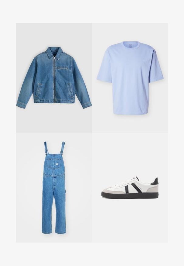 Blaue Jeansjacke mit Frontreißverschluss, spitzem Kragen, zwei Seitentaschen und einer kleinen Reißverschlusstasche auf der Brust, flach auf einem hellen Hintergrund liegend.; Hellblaues T-Shirt mit kurzen Ärmeln und Rundhalsausschnitt, locker geschnitten und mit dezentem kleinem Logo auf der linken Brustseite.; Denim-Overalls mit verstellbaren Trägern, weitem Bein und einer Vordertasche mit Etikett. Hellblaue Farbe mit strukturierter Oberfläche.; Weiße Sneaker mit schwarz- und grau-aczenten, ausgestattet mit einer strukturierten grauen Zehenkappe, schwarzer Gummi-Sohle und flachen weißen Schnürsenkeln. Sauberes Design, minimalistische Stil.