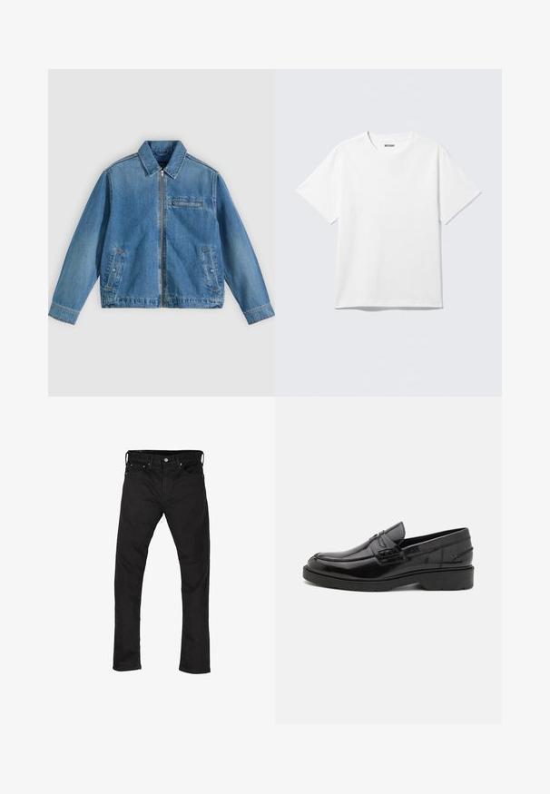 Blå denimjakke med frontlynlås, spids krave, to sidelommer og en lille lynlåslomme på brystet, lagt fladt på en lys baggrund.; Hvid kortærmet crewneck T-shirt lagt fladt ud, ensfarvet design, med "WEEKDAY" mærkat inde i kraven på en lys baggrund.; Sorte slim-fit jeans med fem lommer og knaplukning, præsenteret fladt på en hvid baggrund.; Sorte læder loafers med en glat finish, rund tå, lav hæl og dekorativ syning langs forsiden. Gummisål for godt greb.