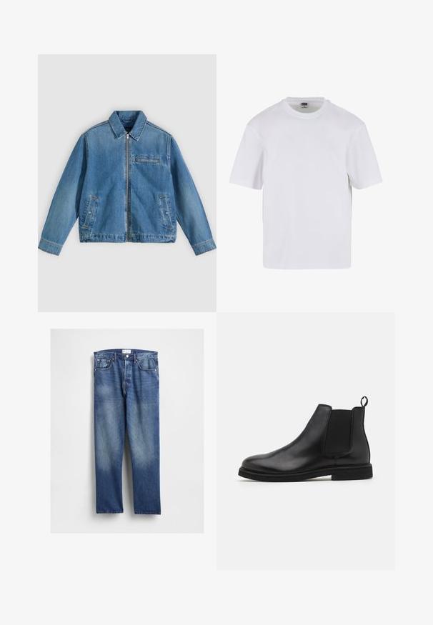 Blauwe spijkerjas met frontrits, puntige kraag, twee zijzakken en een klein borstzakje met rits, plat gelegd op een lichte achtergrond.; Witte kraagloze t-shirt met korte mouwen, gemaakt van katoen. Heeft een ronde halslijn en een losse pasvorm. Soepele textuur, minimalistisch ontwerp, geen patronen of accenten.; Blauwe denim jeans met een rechte pijp, voorzien van vervaging aan de voorkant, klassiek vijfzakkenontwerp en metalen klinknagels bij de zakken.; Zwarte leren Chelsea boots met elastische zijpanelen en een trekband. Ronde neus en platte rubberen zool, met een gladde afwerking.