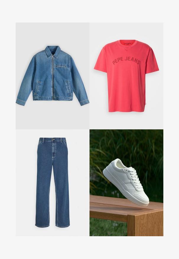 Blauwe spijkerjas met frontrits, puntige kraag, twee zijzakken en een klein borstzakje met rits, plat gelegd op een lichte achtergrond.; Koraalroze katoenen T-shirt met korte mouwen en een ronde hals. Voorzien van "PEPE JEANS" in donkere letters afgedrukt over de borst.; Blauwe spijkerbroek met een rechte snit, vijf-pocket ontwerp, metalen knoopsluiting en zichtbare stiksels langs de naden en de zoom.; Witte leren sneaker met een gladde textuur, voorzien van een geperforeerd ontwerp, klassieke vetersluiting en rubberen zool, gepositioneerd boven een houten oppervlak.