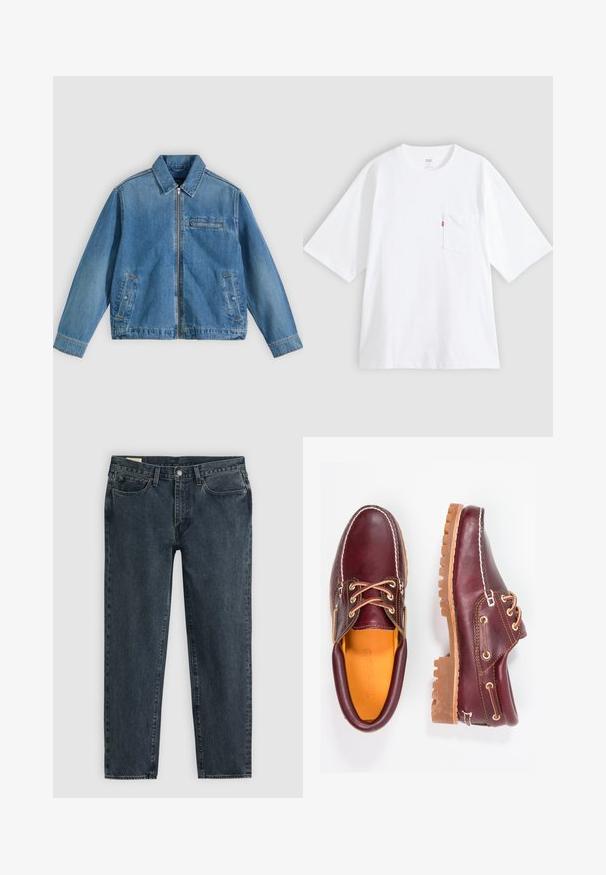 Blaue Jeansjacke mit Frontreißverschluss, spitzem Kragen, zwei Seitentaschen und einer kleinen Reißverschlusstasche auf der Brust, flach auf einem hellen Hintergrund liegend.; Weißes Baumwoll-T-Shirt mit kurzen Ärmeln, rundem Ausschnitt und Brusttasche auf der linken Seite. Mit kleinem rotem Logotag an der Tasche.; Dunkelblaue Denim-Jeans mit geradem Bein, fünf Taschen und einem Knopfverschluss. Subtile Ausbleichungen verleihen dem Stoff Textur.; Bordeauxfarbene Lederschuhe mit braunen Gummisohlen, runder Zehenform, weißen Nähten und goldenen Ösen. Das Innenfutter weist eine gelbe Beschichtung auf.
