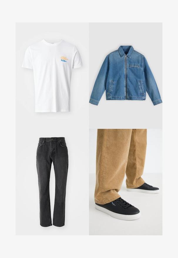 Blaue Jeansjacke mit Frontreißverschluss, spitzem Kragen, zwei Seitentaschen und einer kleinen Reißverschlusstasche auf der Brust, flach auf einem hellen Hintergrund liegend.; Weißes Baumwoll-T-Shirt mit rundem Halsausschnitt und kurzen Ärmeln. Es verfügt über eine farbenfrohe Grafik mit gelben und blauen Elementen auf der Brust.; Schwarze Denim-Jeans mit geradem Schnitt, ausgestattet mit fünf Taschen, einem Knopfverschluss und genähten Details entlang der Nähte und Taschen.; Schwarze Ledersneaker mit weißen Gummisohlen. Getragen mit beigen Cordhosen, die vertikale Rippungen und eine lockere Passform aufweisen.