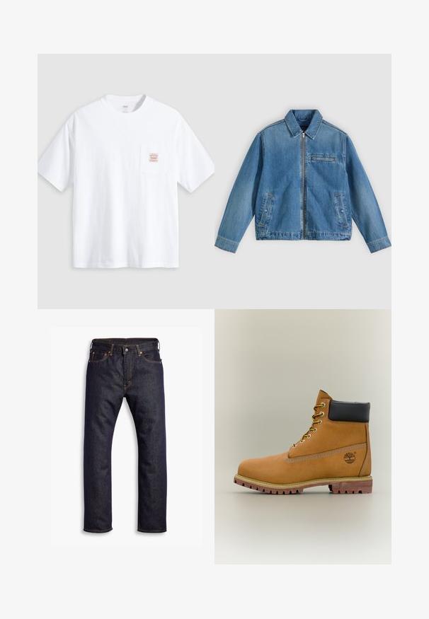 Blaue Jeansjacke mit Frontreißverschluss, spitzem Kragen, zwei Seitentaschen und einer kleinen Reißverschlusstasche auf der Brust, flach auf einem hellen Hintergrund liegend.; Weißes T-Shirt mit kurzen Ärmeln und Rundhalsausschnitt sowie einer kleinen Brusttasche vorne mit einem beige-roten rechteckigen Label.; Dunkelblaue gerade geschnittene Jeans aus Denim mit fünf Taschen und orangefarbenen Kontrastnähten, flach auf einem weißen Hintergrund ausgelegt.; Brauner Leder-Stiefelette mit schwarzem Kragen, gelben Schnürsenkeln und hellbrauner Sohle. Verfügt über ein Logo und weiße Ziernähe. Robuste Profilsohle.
