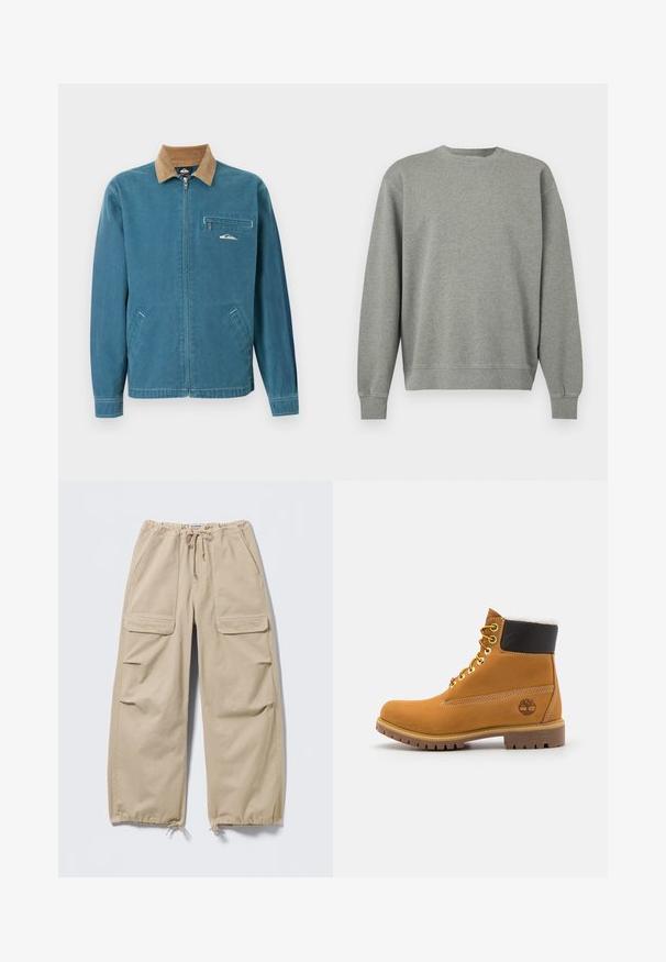 Veste bleue à fermeture éclair avec col en velours côtelé marron, deux poches inférieures et poche poitrine zippée ornée d'un petit logo vague blanc.; Sweat-shirt gris uni à col rond avec manches longues et bords-côtes aux poignets et à la base, présenté sur fond blanc.; Pantalon cargo large beige avec taille et ourlets à cordon de serrage, poches à rabat sur les cuisses et poches fendues latérales.; Bottine en cuir brun avec œillets en métal, doublure en fourrure blanche, col rembourré noir, semelle robuste et logo en relief sur le côté.
