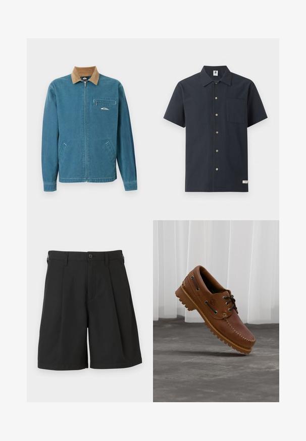 Veste bleue à fermeture éclair avec col en velours côtelé marron, deux poches inférieures et poche poitrine zippée ornée d'un petit logo vague blanc.; Chemise bleu marine à manches courtes avec boutons, poche poitrine à l'avant et petite étiquette blanche en tissu près de l'ourlet sur fond blanc.; Shorts noirs en tissu lisse, avec une coupe structurée, des plis à l'avant et une fermeture par un bouton unique à la taille.; Chaussure de bateau en cuir marron avec des lacets noirs, des coutures beiges et une semelle robuste, suspendue au-dessus d'un sol en béton gris.