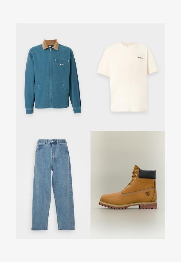 Blauwe jas met rits en een bruine corduroy kraag, twee zakken aan de onderkant en een borstzak met rits, voorzien van een klein wit golflogo.; Crèmekleurig katoenen T-shirt met korte mouwen, voorzien van een klein zwart "Dickies" logo op de linkerborst. Simpel, ontspannen pasvorm.; Lichtblauwe denim jeans met een hoge taille, ontspannen pasvorm, met twee zijzakken, een achterzak met patch en een knoopsluiting.; Bruine leren enkellaars met zwarte kraag, gele veters en een zandkleurige zool. Voorzien van een logo en witte stikseldetails. Robuuste loopzool met grip.