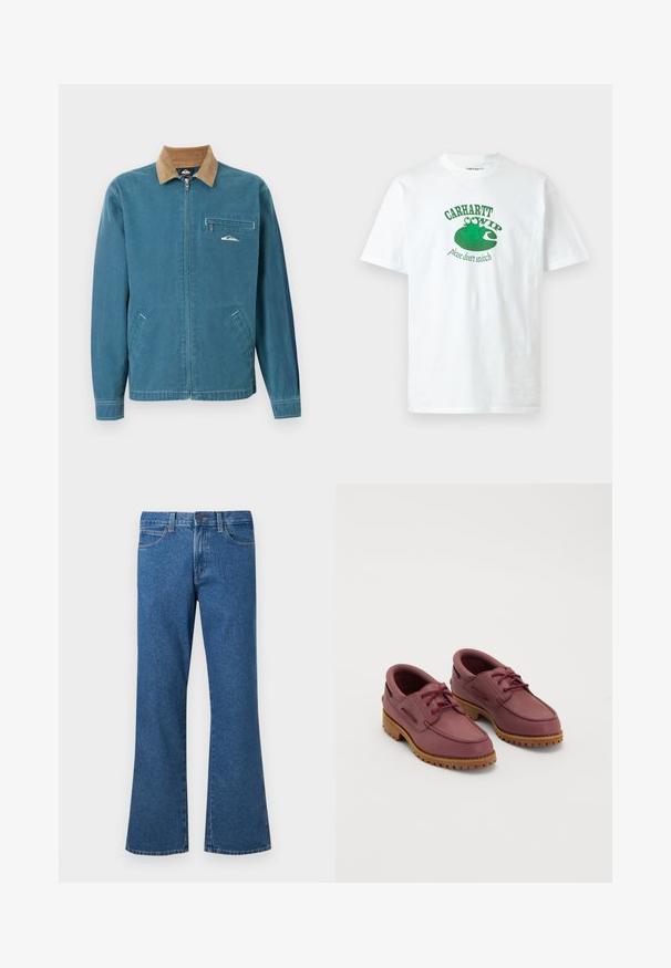Blauwe jas met rits en een bruine corduroy kraag, twee zakken aan de onderkant en een borstzak met rits, voorzien van een klein wit golflogo.; Wit T-shirt met korte mouwen met een groene kikkerafbeelding zittend op een waterlelieblad en de tekst "Carhartt WIP please don't snitch" op de voorkant.; Blauwe denim flared jeans met een taille op heuphoogte, vijf zakken, lichte stiksels en een knoopsluiting. Glad oppervlak en gelijkmatige kleur overal.; Een paar wijnrode leren bootschoenen met dikke tan rubberen zolen en rode veters op een witte achtergrond.