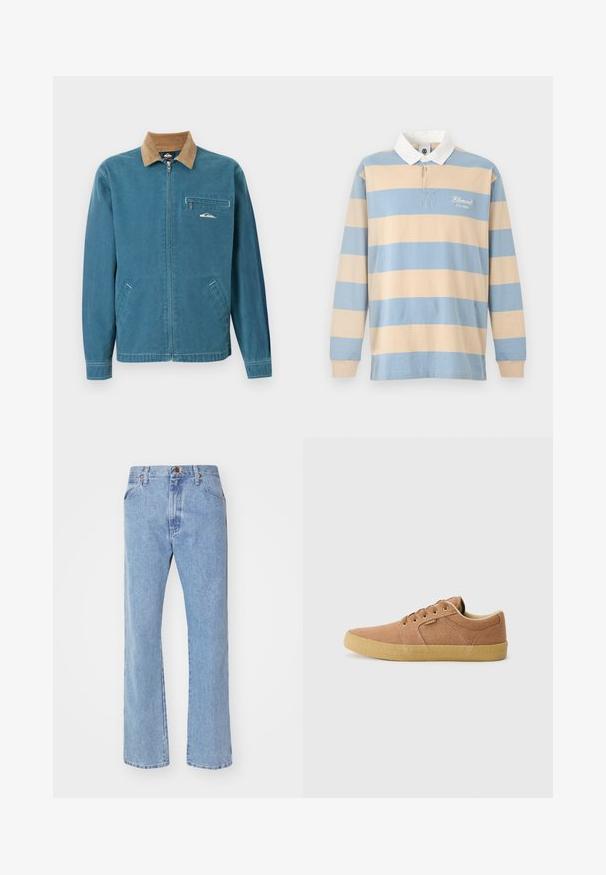 Blaue Jacke mit Reißverschluss, braunem Cordkragen, zwei unteren Taschen und einer Brusttasche mit Reißverschluss, die ein kleines weißes Wellenlogo trägt.; Langärmliges Rugbyshirt mit breiten horizontalen beigen und hellblauen Streifen, weißem Kragen und dem Schriftzug "Element Co. 1992" auf der Brust.; Hellblaue Jeans mit geradem Bein, Frontknopf- und Reißverschluss, Gürtelschlaufen und normalen Vordertaschen.; Etnies BARGE - Sneaker low - brown/beige/gum