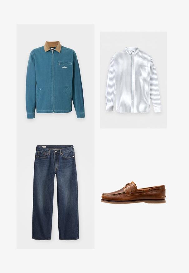 Chaqueta azul con cremallera, cuello de pana marrón, dos bolsillos inferiores y un bolsillo en el pecho con cremallera que presenta un pequeño logo de ola blanca.; Camisa blanca de manga larga con botones, rayas verticales azules y bolsillo en el pecho, mostrada sobre un fondo gris claro liso.; Jeans de mezclilla azul oscuro con corte recto, diseño de cinco bolsillos, cierre de botón metálico y cremallera, y patrones sutiles de desgaste.; Zapato de barco de cuero marrón con acentos de costura, con ojales de metal, una costura elevada en la puntera y una suela de goma plana.