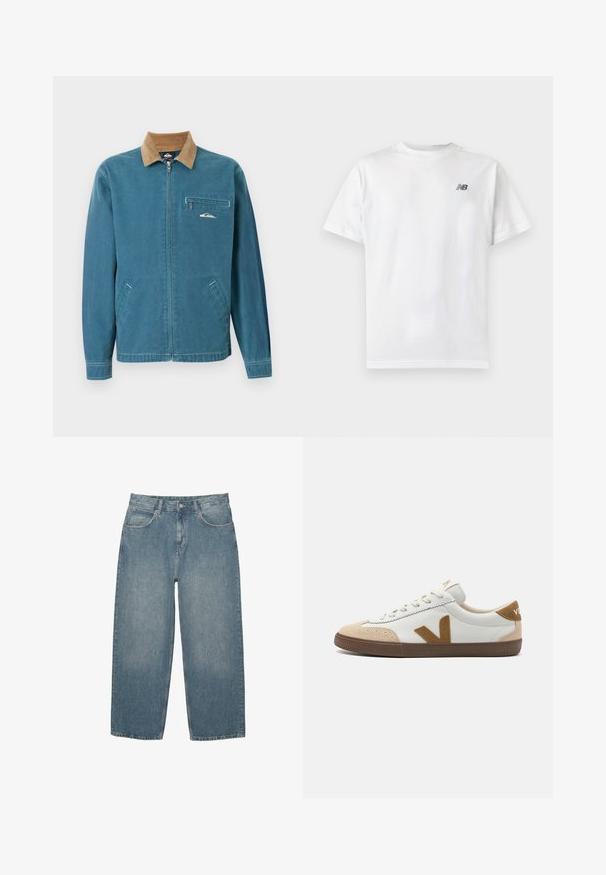 Blauwe jas met rits en een bruine corduroy kraag, twee zakken aan de onderkant en een borstzak met rits, voorzien van een klein wit golflogo.; Witte T-shirt met korte mouwen en ronde hals met een klein zwart New Balance-logo op de linker bovenkant van de borst op een effen lichte achtergrond.; Blauwe high-waisted straight-leg jeans met voorzakken, riemlussen, knoopsluiting en subtiele vervaging op een witte achtergrond.; Witte sneakers met tan suede accenten, voorzien van een gestructureerde bruine rubberen zool, vetersluiting en een logo op de hak.