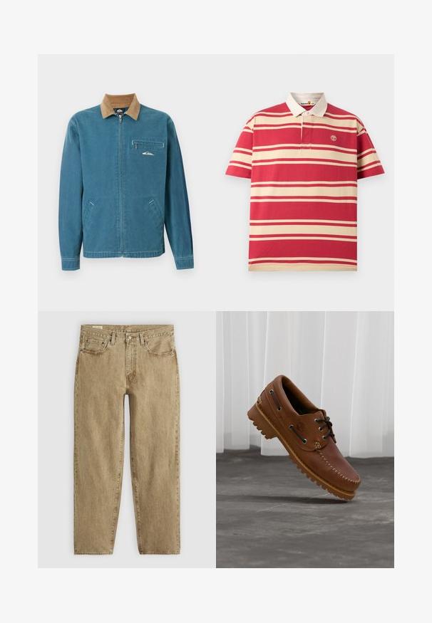 Veste bleue à fermeture éclair avec col en velours côtelé marron, deux poches inférieures et poche poitrine zippée ornée d'un petit logo vague blanc.; Polo à manches courtes rayé rouge et beige avec un col beige et un petit logo arbre Timberland sur la poitrine gauche.; Jeans en denim beige à coupe décontractée, à cinq poches, avec des coutures visibles et une texture légèrement délavée ; fermeture par bouton et zip.; Chaussure de bateau en cuir marron avec des lacets noirs, des coutures beiges et une semelle robuste, suspendue au-dessus d'un sol en béton gris.
