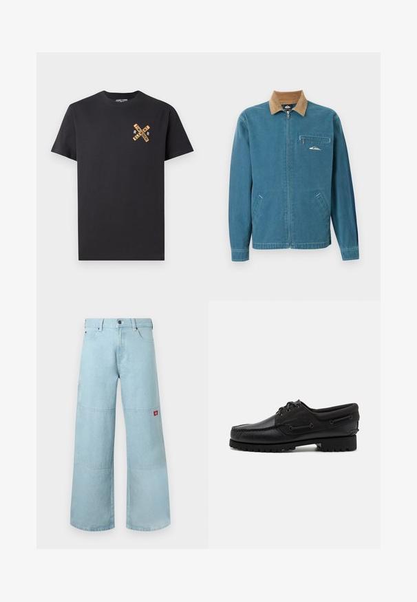 Blauwe jas met rits en een bruine corduroy kraag, twee zakken aan de onderkant en een borstzak met rits, voorzien van een klein wit golflogo.; Zwart katoenen T-shirt met een grafisch ontwerp in oranje, waarop de woorden "ELEMENT" en "REMEMBER" in een kruispatroon op de borst zijn afgebeeld.; Lichtblauwe jeans met wijde pijpen van denim met contrasterende patches. Voorzien van een knoopsluiting aan de voorkant en een klein logoplaatje op het zijzakje.; Zwarte schoen met een leren bovenzijde, textiele accenten, ronde veters en een getextureerde rubberen zool. Voorzien van mocassin-stiksel en merkdetails.