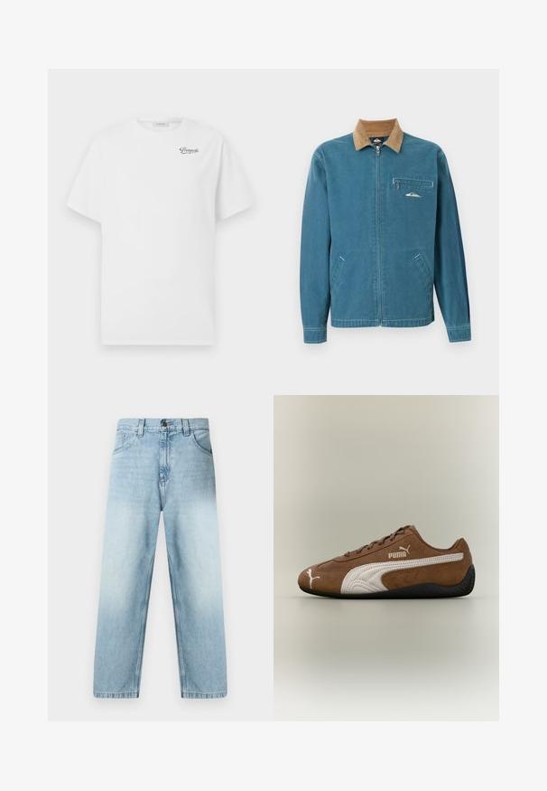 Blauwe jas met rits en een bruine corduroy kraag, twee zakken aan de onderkant en een borstzak met rits, voorzien van een klein wit golflogo.; Witte katoenen t-shirt met korte mouwen en ronde hals, voorzien van een zwart "Pompeii" logo op de linkerborst. Zachte, gladde textuur.; Lichtblauwe jeans met rechte pijpen, voorzien van een vervaagde finish, een ontwerp met vijf zakken en zichtbare stiksels langs de naden. Gemaakt van katoen denim.; Bruine suède sneaker met witte accenten en een gestructureerd ontwerp. Heeft een zwarte rubberen zool en een opvallend Puma-logo aan de zijkant.